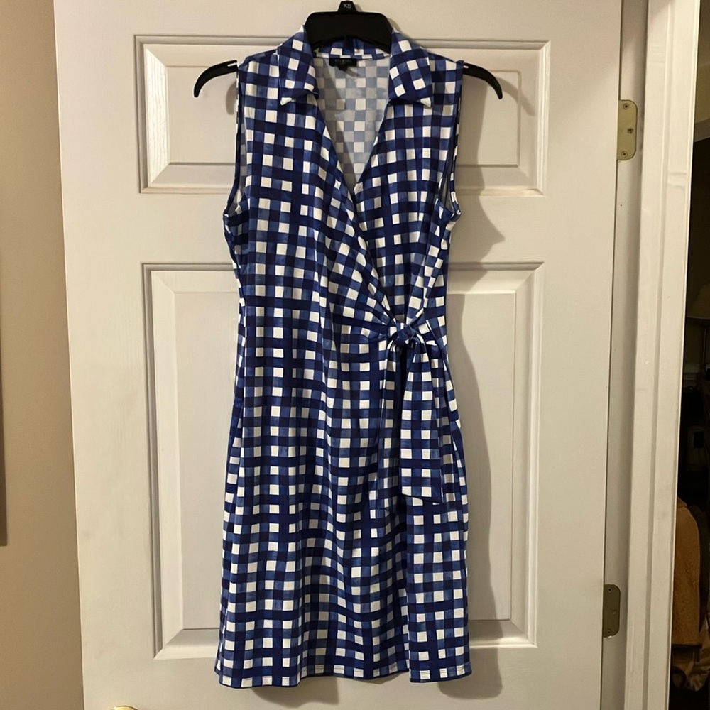 Talbots Blue and White Gingham Wrap Midi Dress